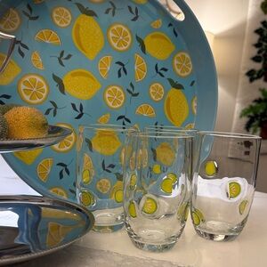 Anthropologie Glass Tumbler Set with blown glass Lemon Lime Accent Yellow/Green